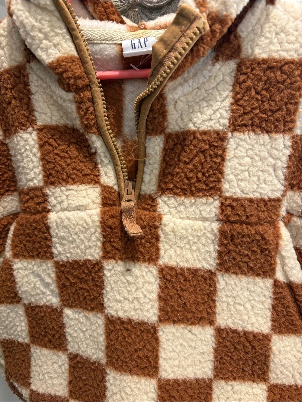 GAP Kids Brown & Cream Checkered Sherpa Half-Zip Pullover